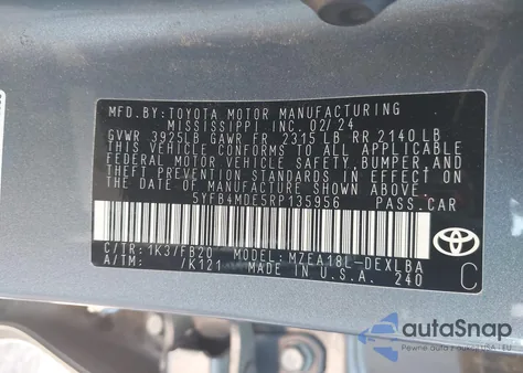 2024 Toyota Corolla Le из США, поврежденный, VIN 5YFB4MDE5RP135956